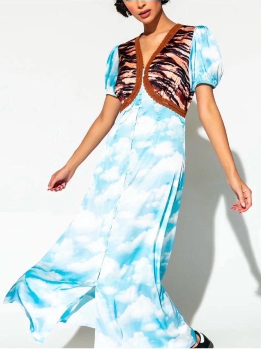 Dressed in LALA Cloud-Print Maxi Dress with Brown Tiger-Trim Bodice